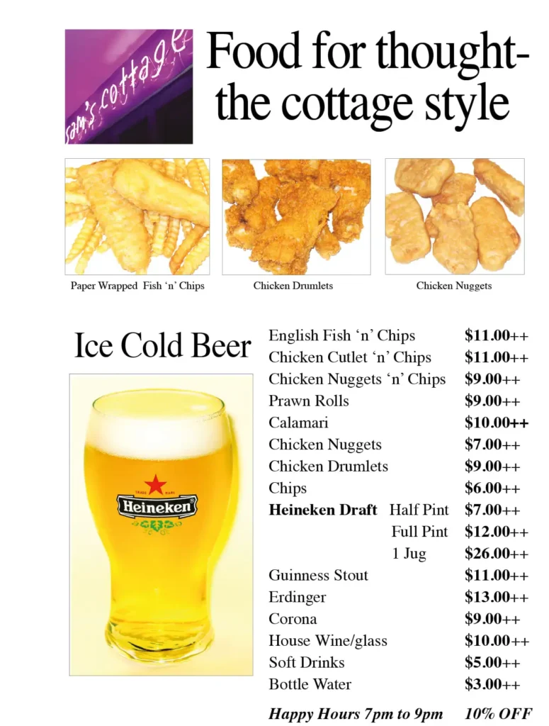 SAMS COTTAGE MENU SINGAPORE