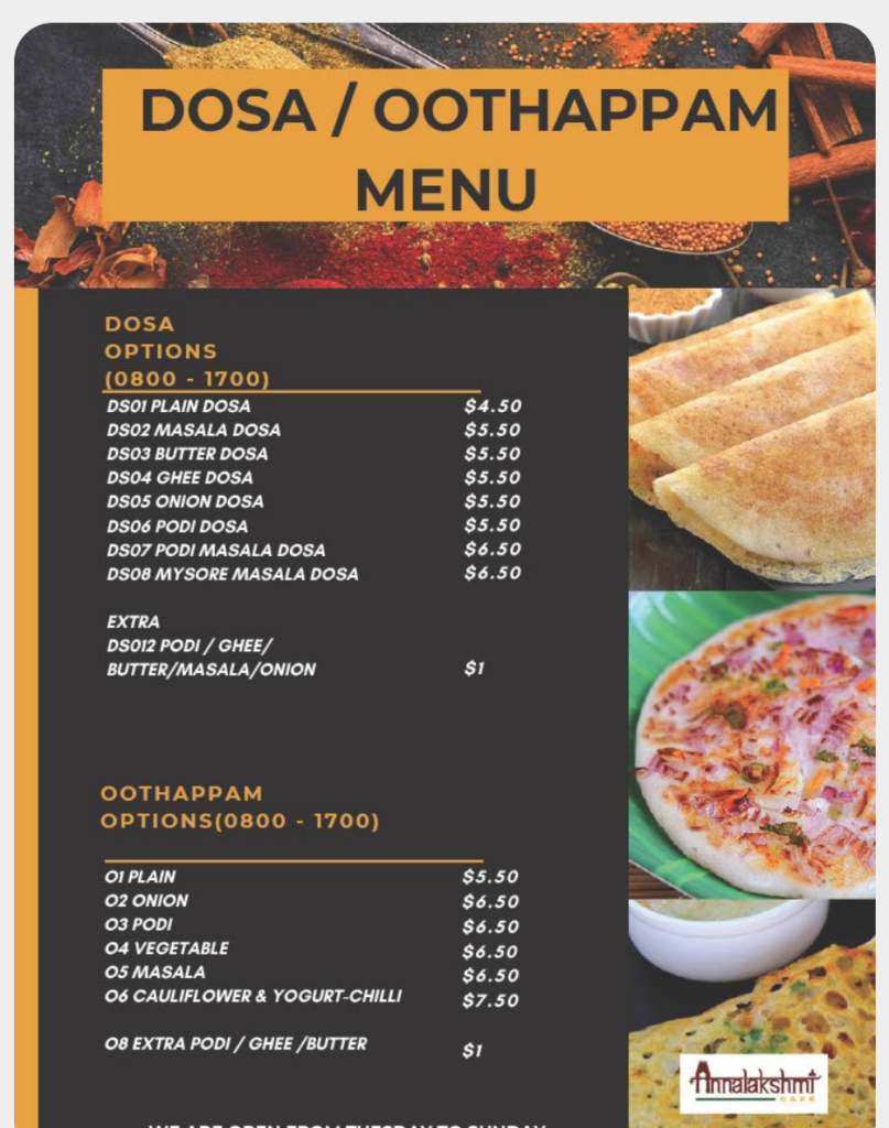 Annalakshmim Singapore Menu