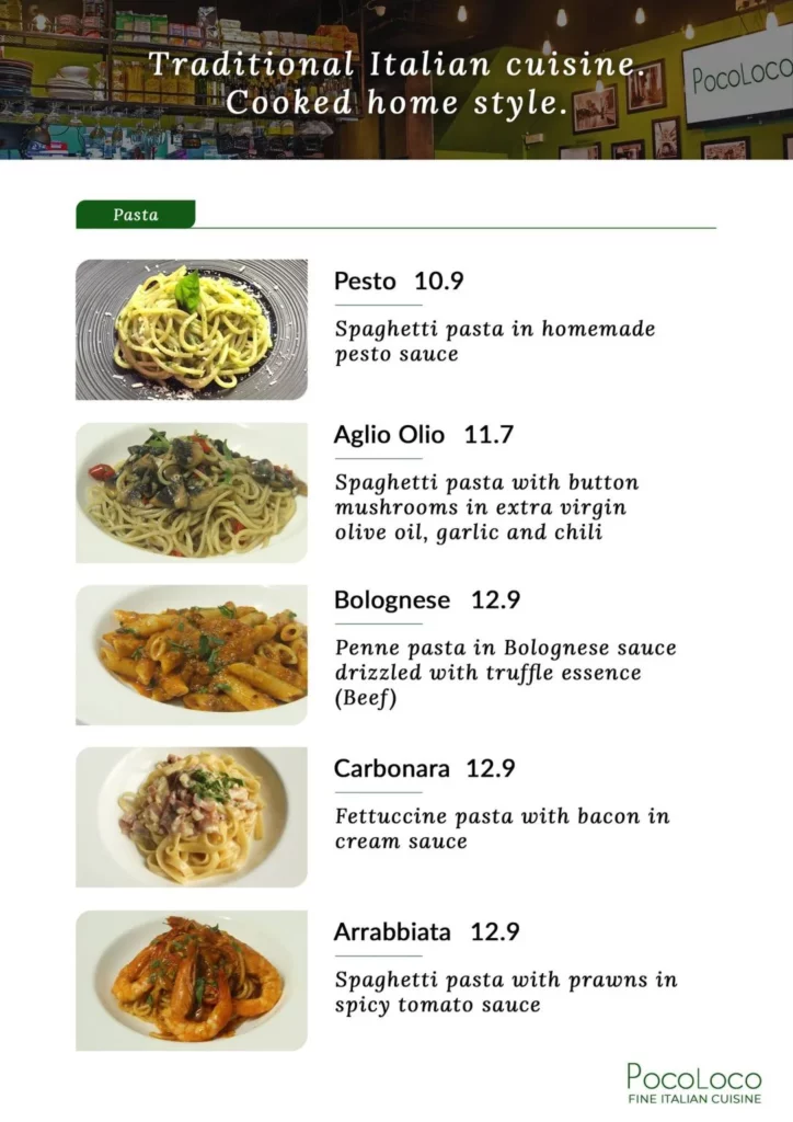 POCOLOCO MENU PASTA PRICES