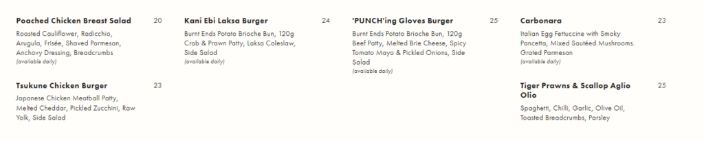 Punch Menu Weekday Lunch.