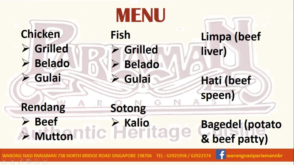 Warong Nasi Pariaman menu Singapore