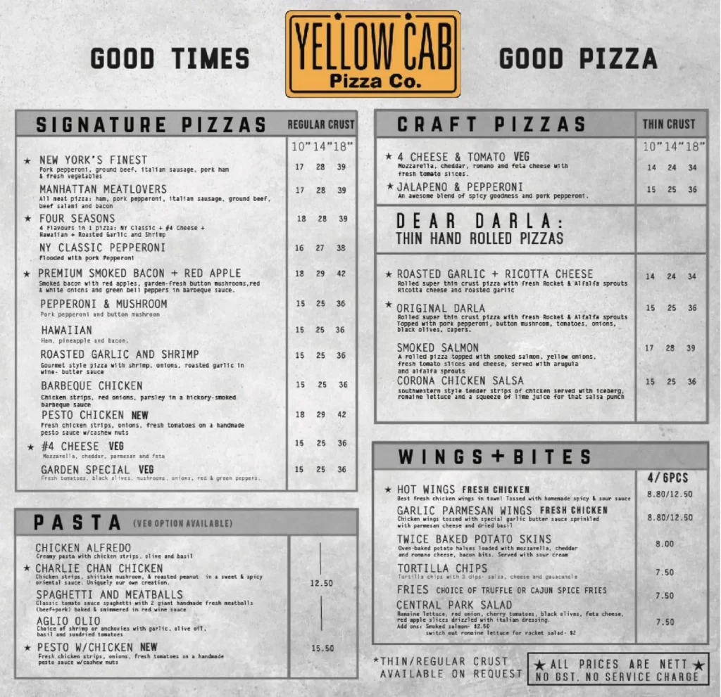 YELOW CAB PIZZA SINGAPORE MENU